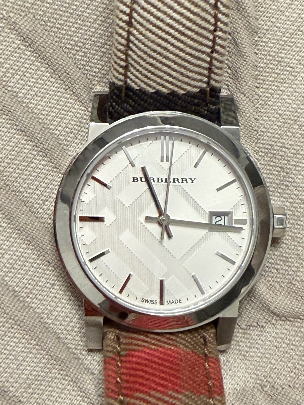 Authentic Burberry Silver Case Watch with Brown Leather and Beige Plaid Strap